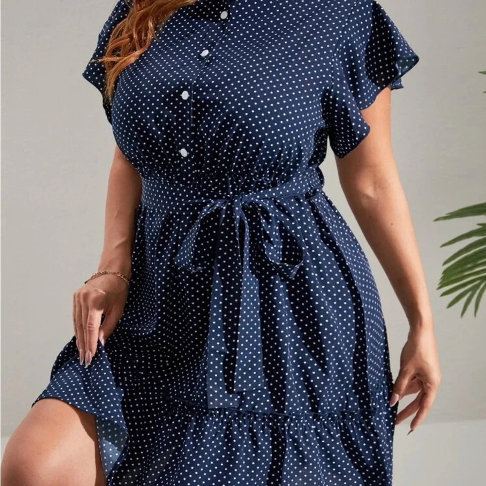 Shein Polka Dot Butterfly Sleeve Ruffle Hem Belted Dress 2xl - Picture 2 of 3